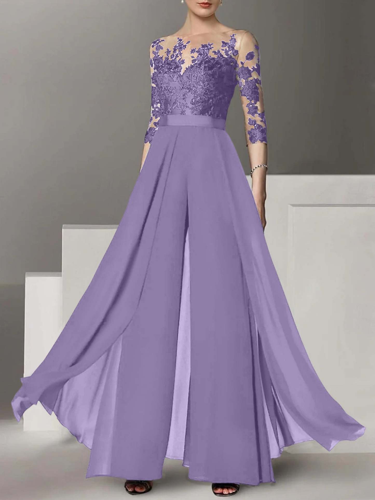 Princess Jewel Neck A-Line Floor-Length Mother of the Bride Pantsuit with Applique and 3/4 Sleeves