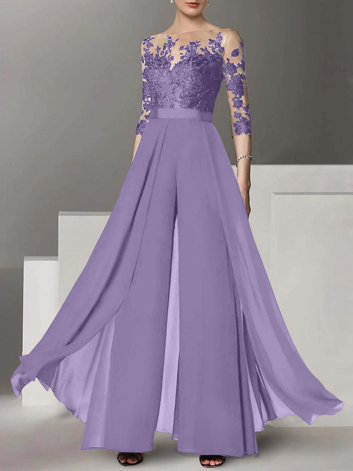 Princess Jewel Neck A-Line Floor-Length Mother of the Bride Pantsuit with Applique and 3/4 Sleeves