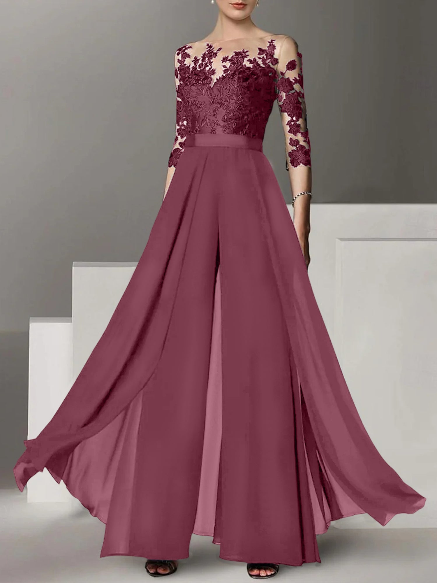 Princess Jewel Neck A-Line Floor-Length Mother of the Bride Pantsuit with Applique and 3/4 Sleeves