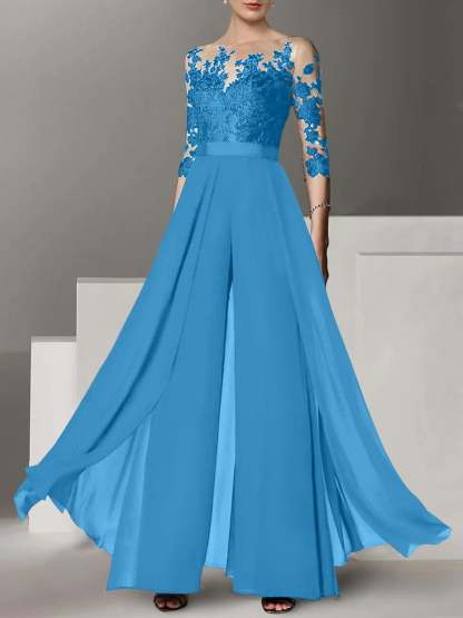 Princess Jewel Neck A-Line Floor-Length Mother of the Bride Pantsuit with Applique and 3/4 Sleeves
