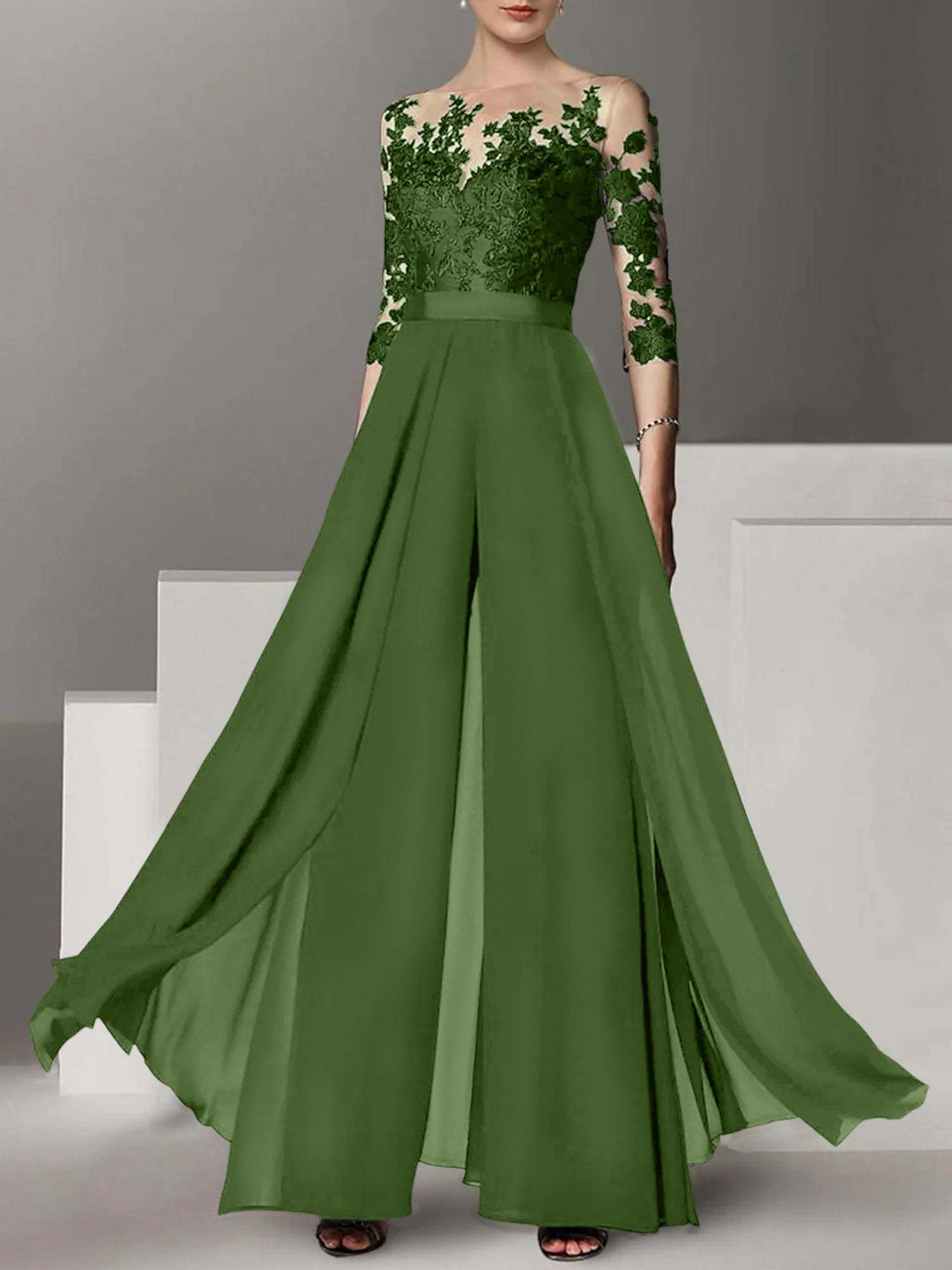 Princess Jewel Neck A-Line Floor-Length Mother of the Bride Pantsuit with Applique and 3/4 Sleeves