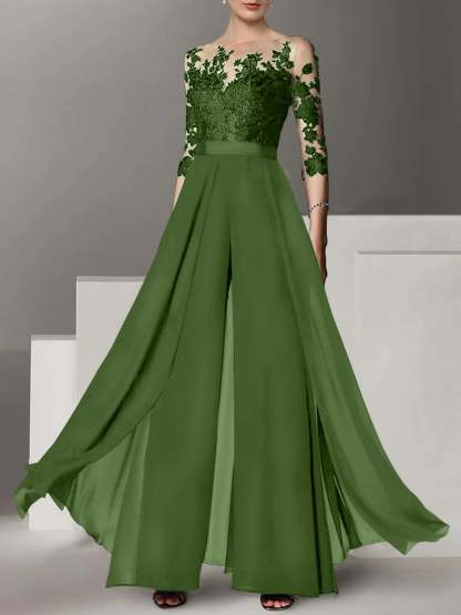 Princess Jewel Neck A-Line Floor-Length Mother of the Bride Pantsuit with Applique and 3/4 Sleeves