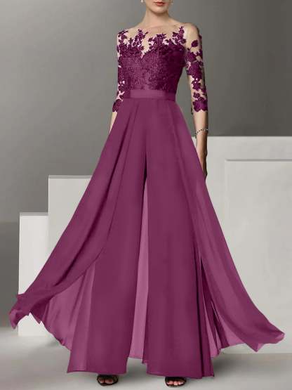 Princess Jewel Neck A-Line Floor-Length Mother of the Bride Pantsuit with Applique and 3/4 Sleeves