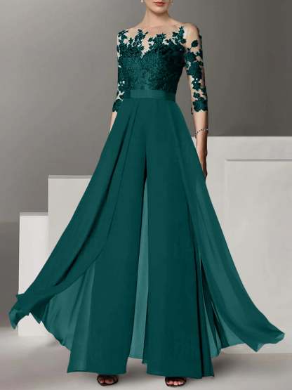 Princess Jewel Neck A-Line Floor-Length Mother of the Bride Pantsuit with Applique and 3/4 Sleeves