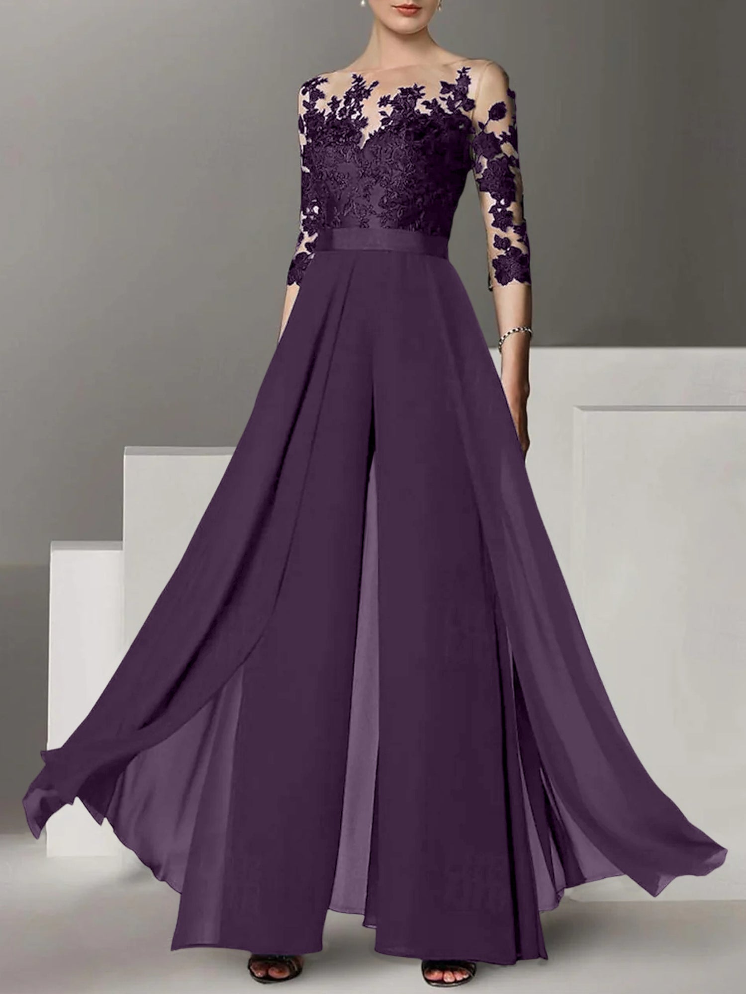 Princess Jewel Neck A-Line Floor-Length Mother of the Bride Pantsuit with Applique and 3/4 Sleeves