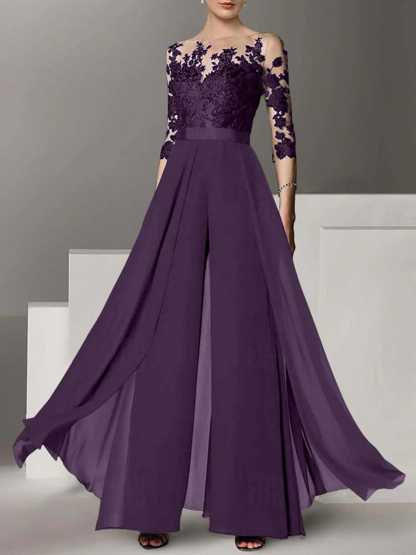 Princess Jewel Neck A-Line Floor-Length Mother of the Bride Pantsuit with Applique and 3/4 Sleeves