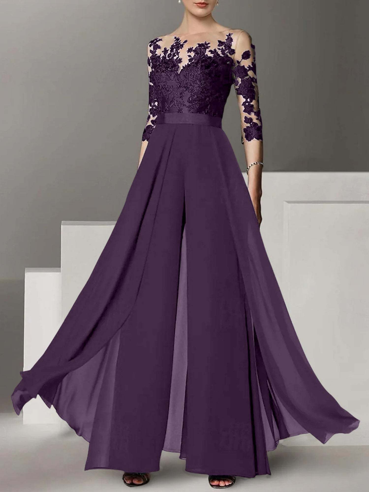 Princess Jewel Neck A-Line Floor-Length Mother of the Bride Pantsuit with Applique and 3/4 Sleeves