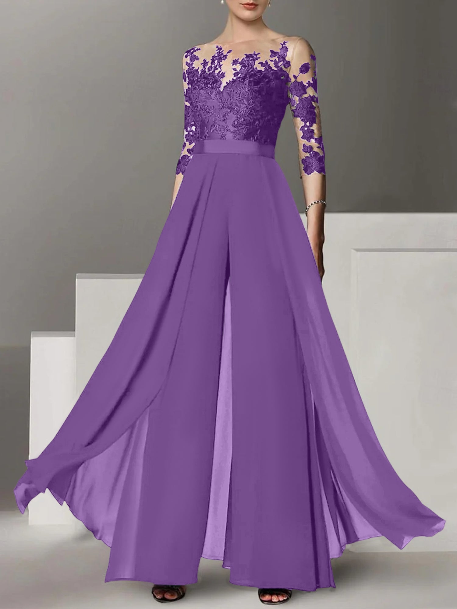 Princess Jewel Neck A-Line Floor-Length Mother of the Bride Pantsuit with Applique and 3/4 Sleeves