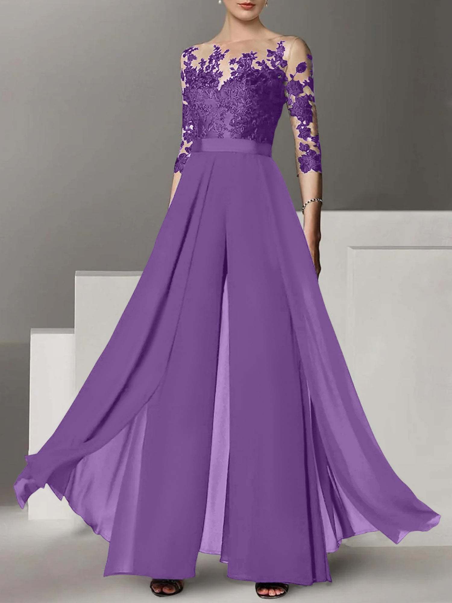 Princess Jewel Neck A-Line Floor-Length Mother of the Bride Pantsuit with Applique and 3/4 Sleeves