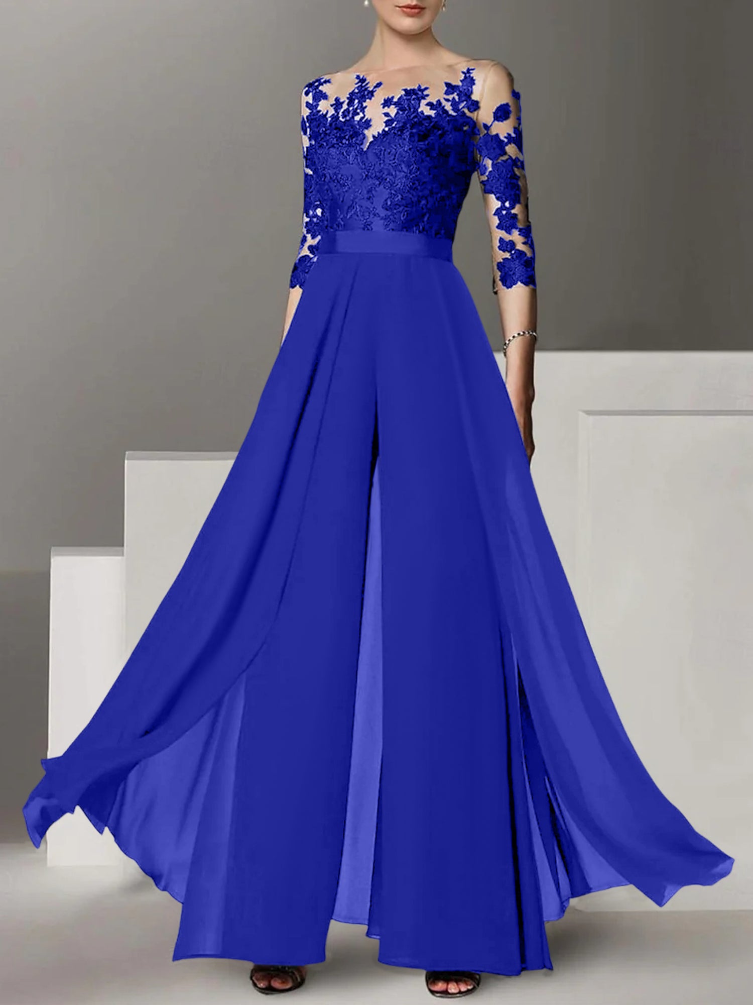Princess Jewel Neck A-Line Floor-Length Mother of the Bride Pantsuit with Applique and 3/4 Sleeves