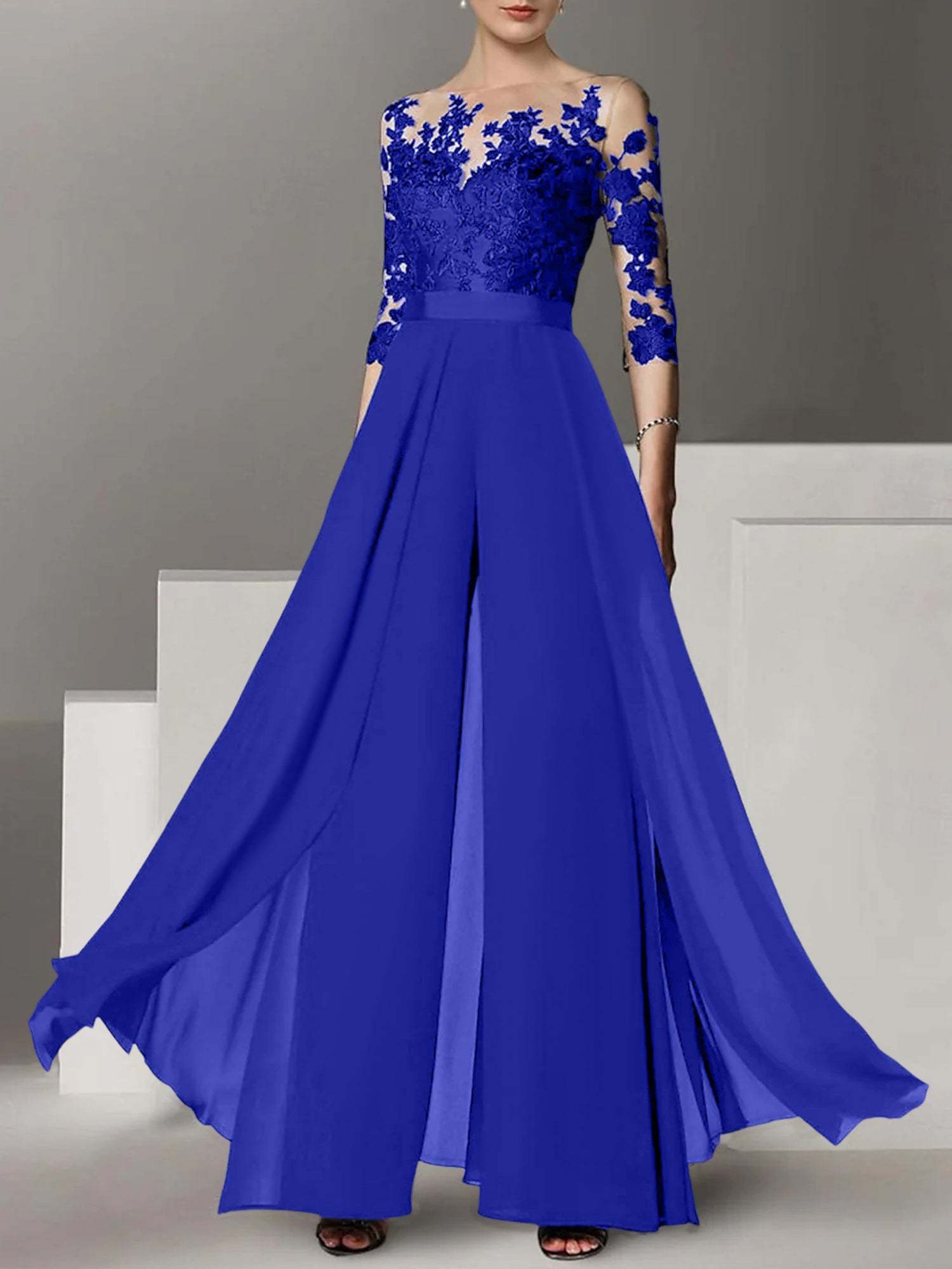 Princess Jewel Neck A-Line Floor-Length Mother of the Bride Pantsuit with Applique and 3/4 Sleeves