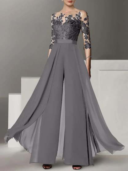 Princess Jewel Neck A-Line Floor-Length Mother of the Bride Pantsuit with Applique and 3/4 Sleeves