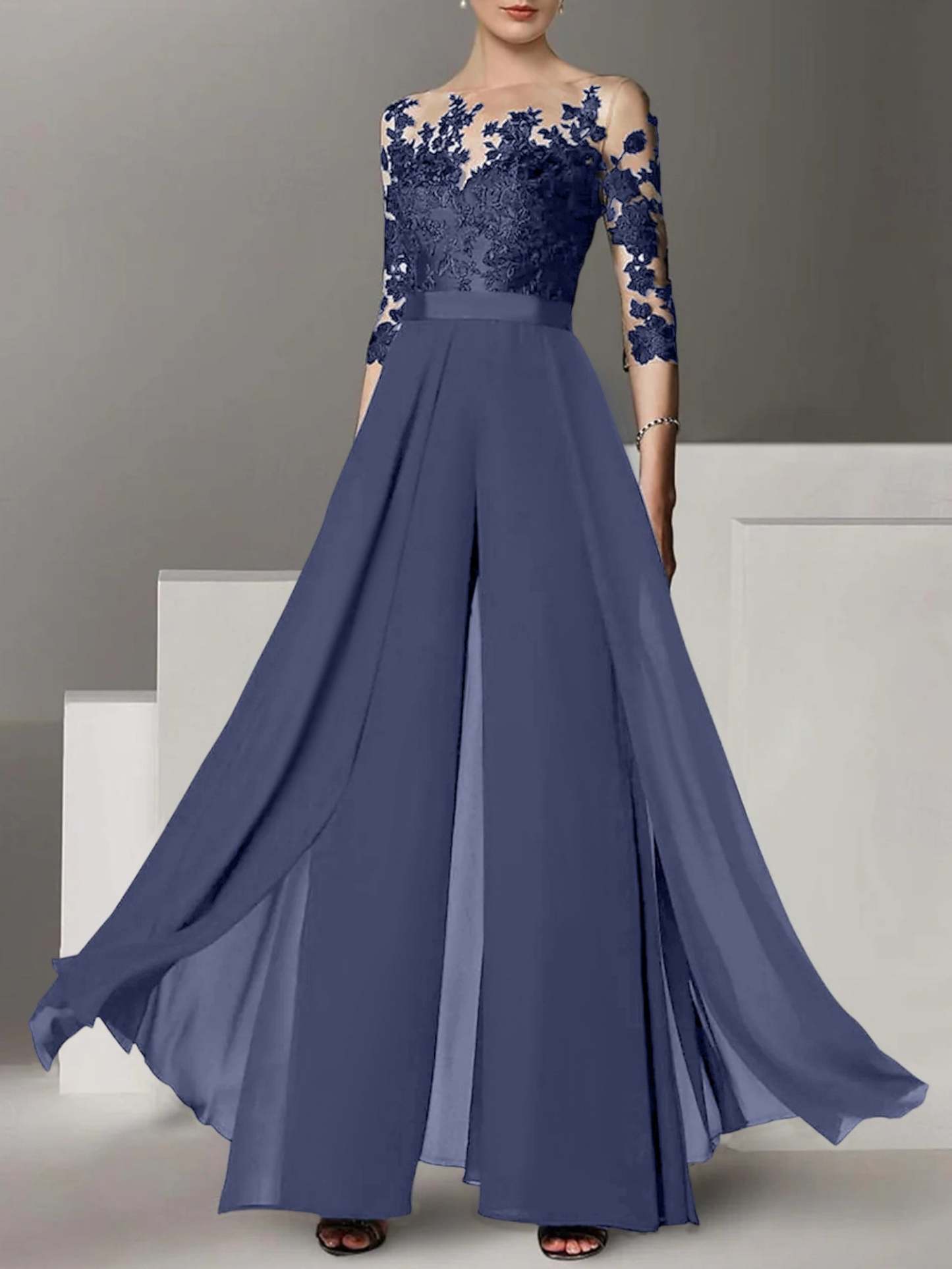 Princess Jewel Neck A-Line Floor-Length Mother of the Bride Pantsuit with Applique and 3/4 Sleeves