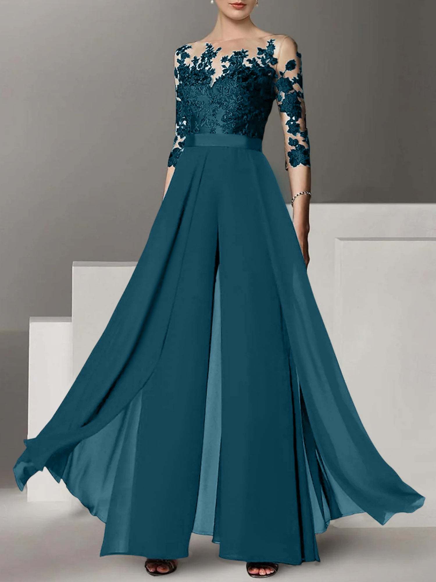 Princess Jewel Neck A-Line Floor-Length Mother of the Bride Pantsuit with Applique and 3/4 Sleeves