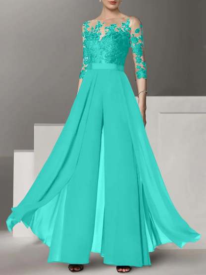Princess Jewel Neck A-Line Floor-Length Mother of the Bride Pantsuit with Applique and 3/4 Sleeves