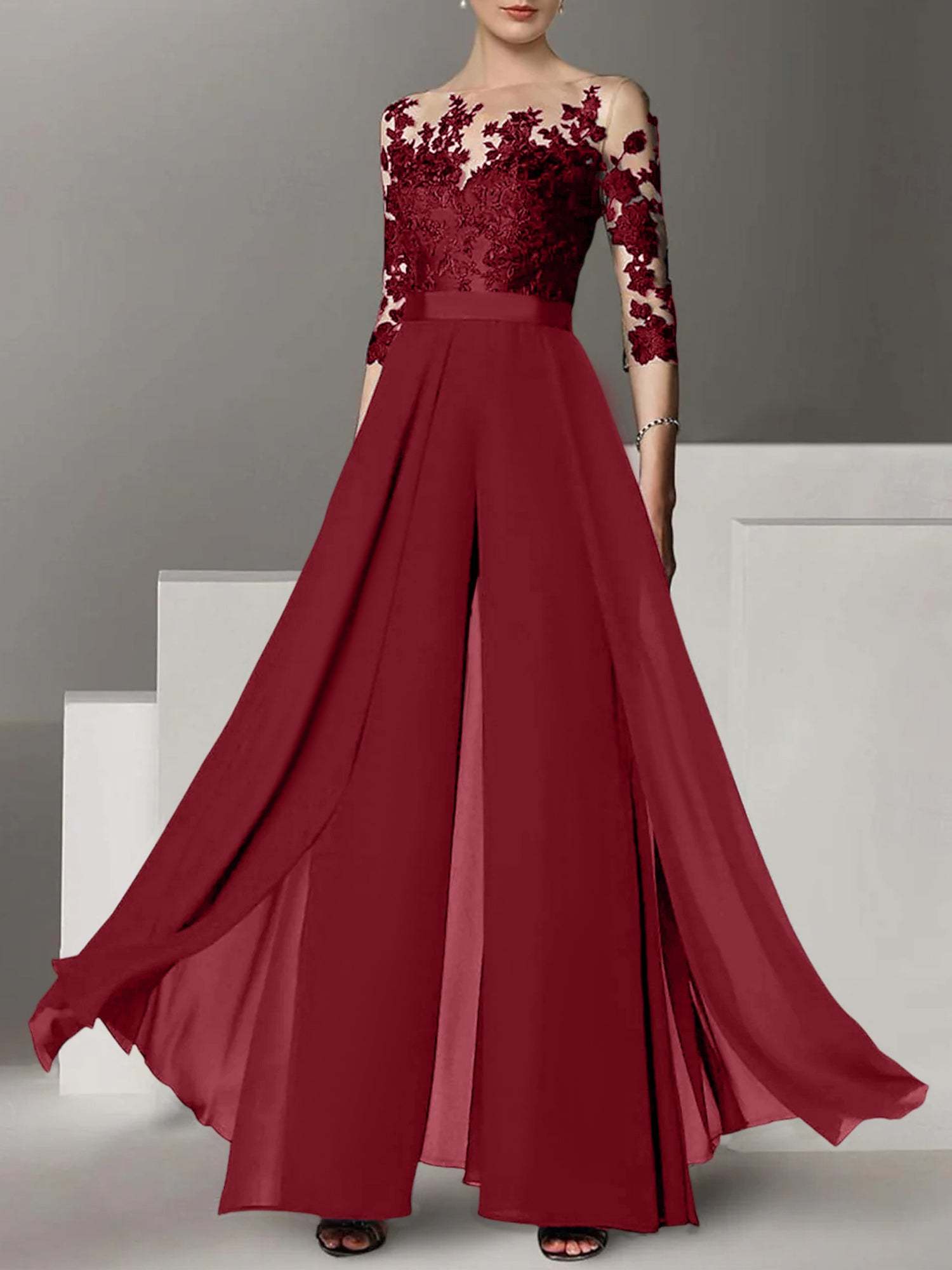 Princess Jewel Neck A-Line Floor-Length Mother of the Bride Pantsuit with Applique and 3/4 Sleeves