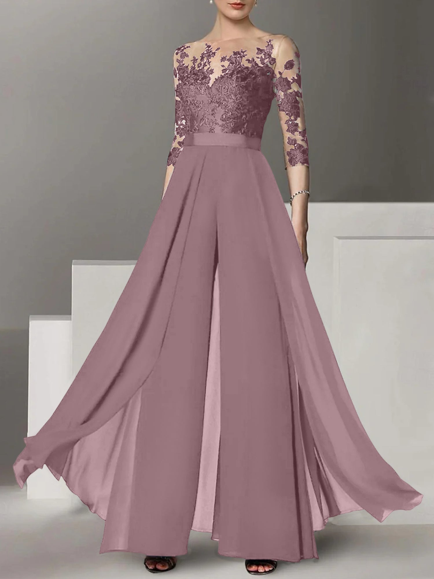 Princess Jewel Neck A-Line Floor-Length Mother of the Bride Pantsuit with Applique and 3/4 Sleeves