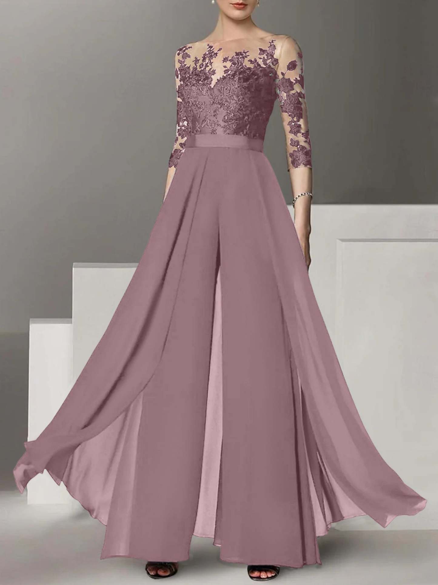 Princess Jewel Neck A-Line Floor-Length Mother of the Bride Pantsuit with Applique and 3/4 Sleeves