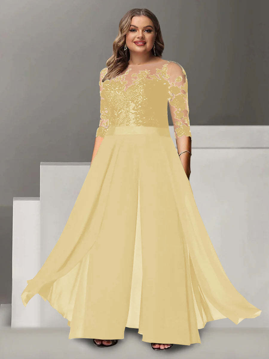 Princess A-Line Floor-Length Plus Size Mother of the Bride Pantsuit with Applique and 3/4 Sleeves Jewel Neck-BMbridal.UK