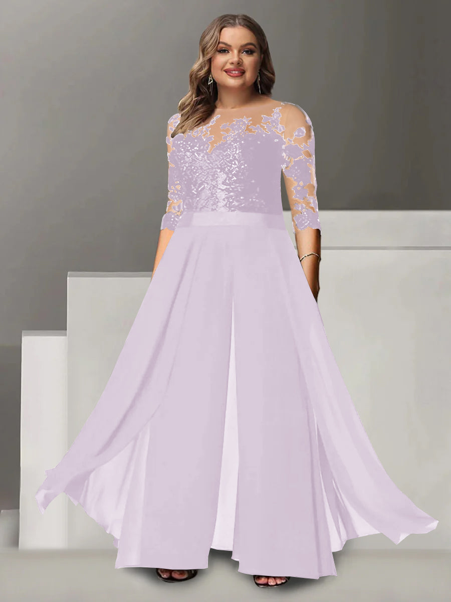 Princess A-Line Floor-Length Plus Size Mother of the Bride Pantsuit with Applique and 3/4 Sleeves Jewel Neck-BMbridal.UK