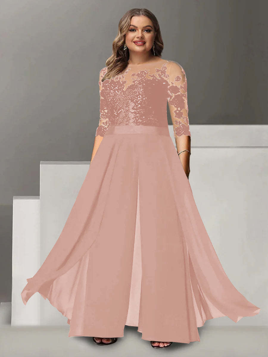 Princess A-Line Floor-Length Plus Size Mother of the Bride Pantsuit with Applique and 3/4 Sleeves Jewel Neck-BMbridal.UK