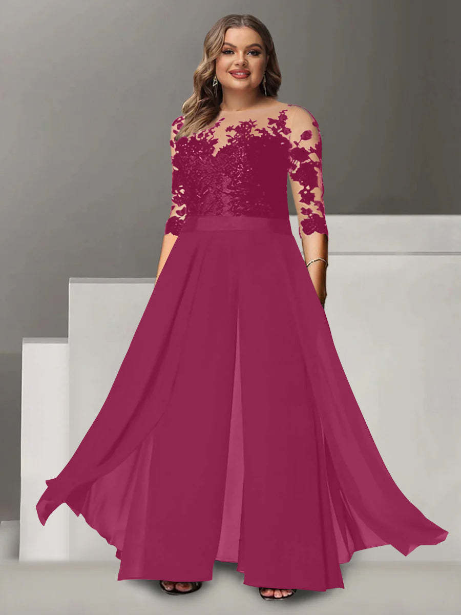 Princess A-Line Floor-Length Plus Size Mother of the Bride Pantsuit with Applique and 3/4 Sleeves Jewel Neck-BMbridal.UK