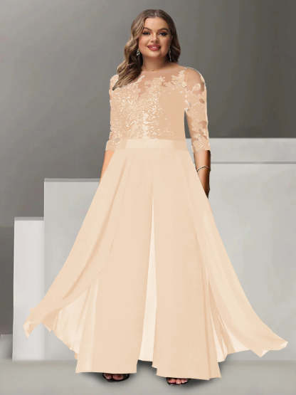 Princess A-Line Floor-Length Plus Size Mother of the Bride Pantsuit with Applique and 3/4 Sleeves Jewel Neck-BMbridal.UK