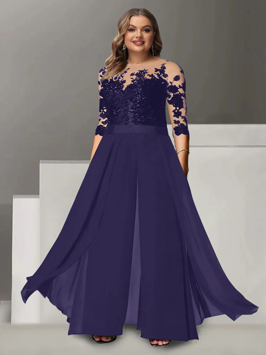 Princess A-Line Floor-Length Plus Size Mother of the Bride Pantsuit with Applique and 3/4 Sleeves Jewel Neck-BMbridal.UK