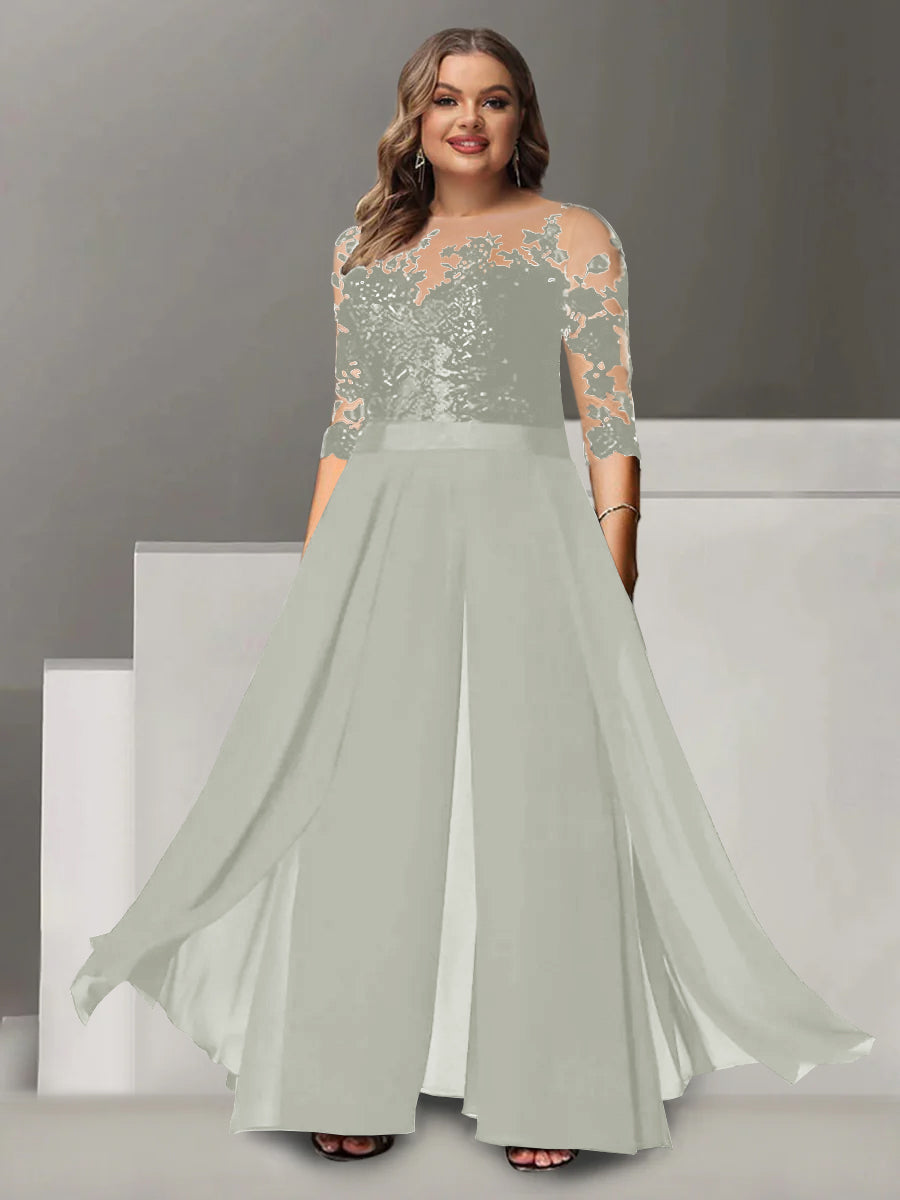 Princess A-Line Floor-Length Plus Size Mother of the Bride Pantsuit with Applique and 3/4 Sleeves Jewel Neck-BMbridal.UK