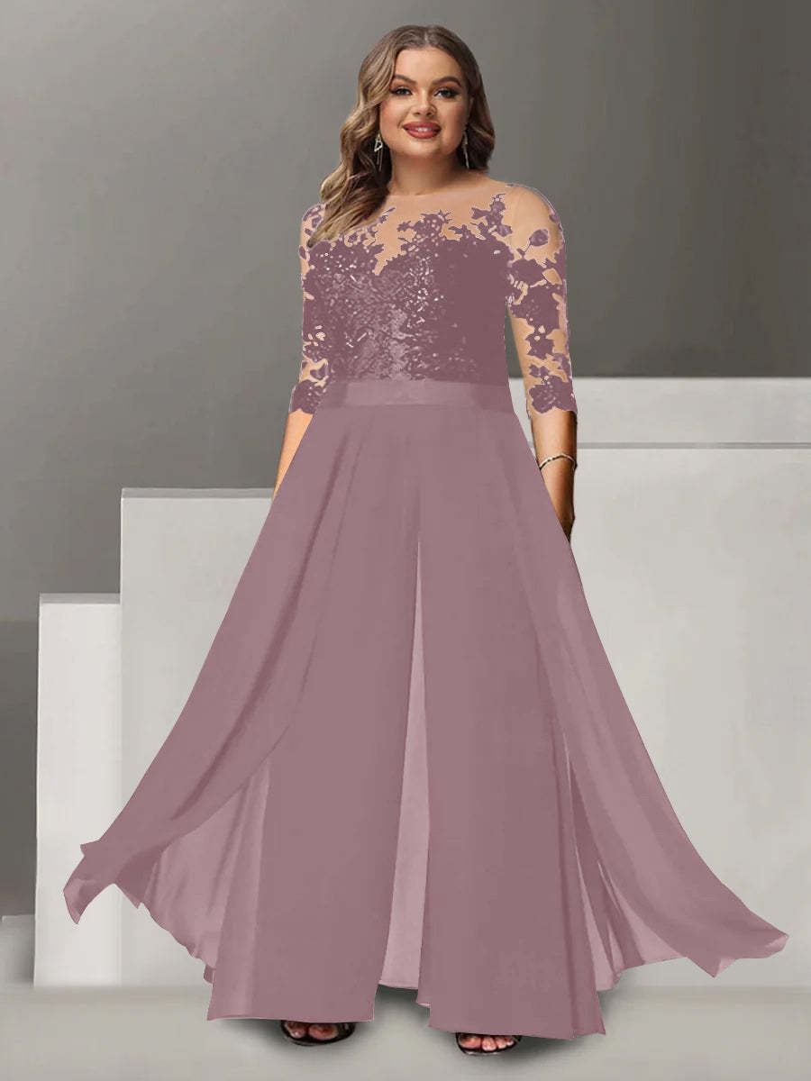 Princess A-Line Floor-Length Plus Size Mother of the Bride Pantsuit with Applique and 3/4 Sleeves Jewel Neck-BMbridal.UK