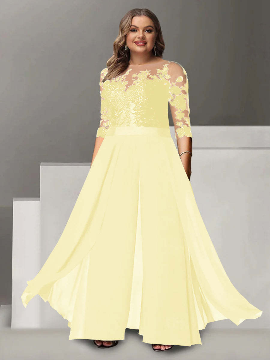 Princess A-Line Floor-Length Plus Size Mother of the Bride Pantsuit with Applique and 3/4 Sleeves Jewel Neck-BMbridal.UK