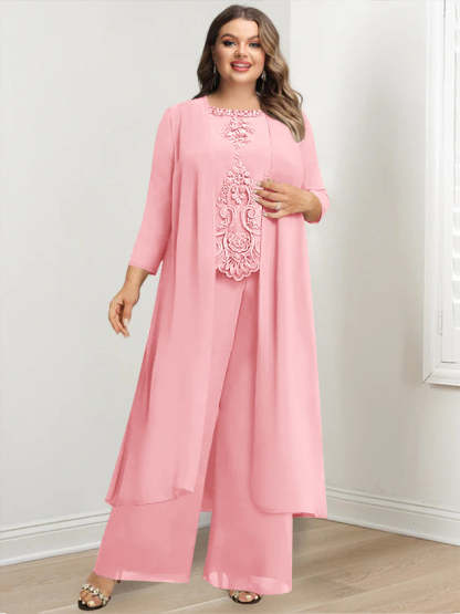 Plus Size Floor-Length Chiffon Pantsuit for the Mother of the Bride with Round Neck and Applique Jacket-BMbridal.UK