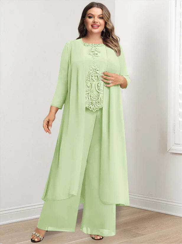 Plus Size Floor-Length Chiffon Pantsuit for the Mother of the Bride with Round Neck and Applique Jacket-BMbridal.UK