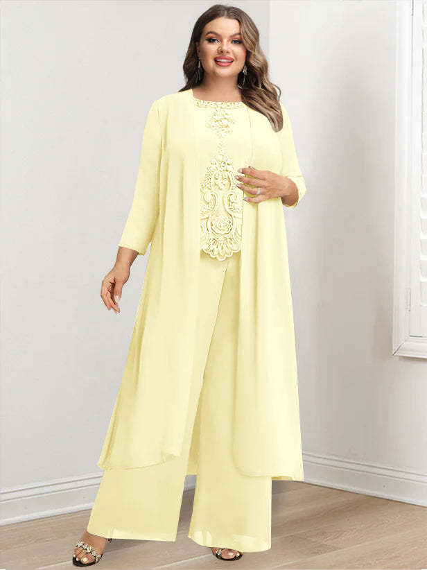 Plus Size Floor-Length Chiffon Pantsuit for the Mother of the Bride with Round Neck and Applique Jacket-BMbridal.UK