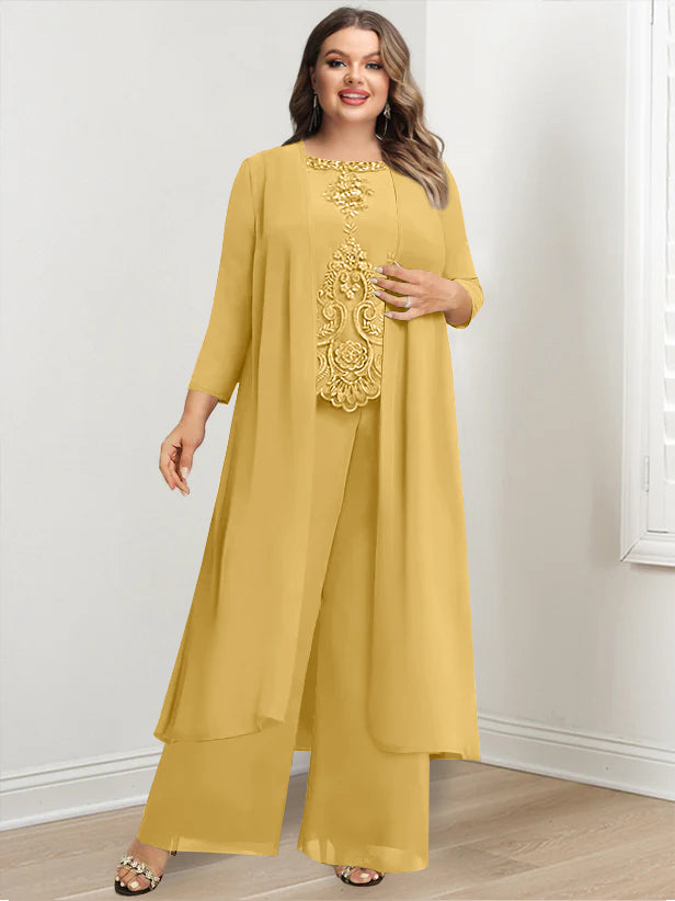 Plus Size Floor-Length Chiffon Pantsuit for the Mother of the Bride with Round Neck and Applique Jacket-BMbridal.UK