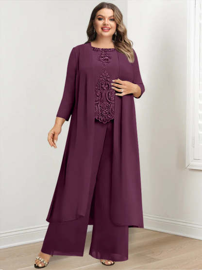 Plus Size Floor-Length Chiffon Pantsuit for the Mother of the Bride with Round Neck and Applique Jacket-BMbridal.UK