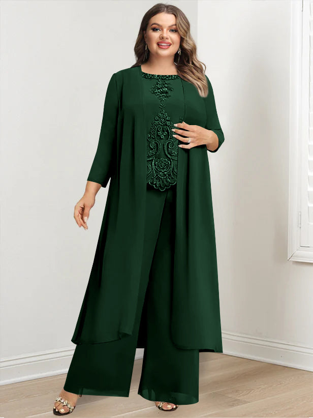 Plus Size Floor-Length Chiffon Pantsuit for the Mother of the Bride with Round Neck and Applique Jacket-BMbridal.UK