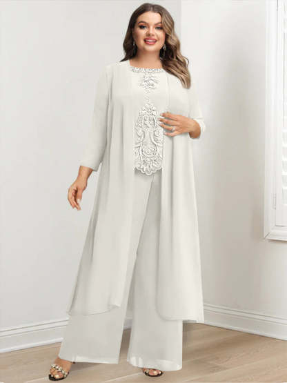 Plus Size Floor-Length Chiffon Pantsuit for the Mother of the Bride with Round Neck and Applique Jacket-BMbridal.UK