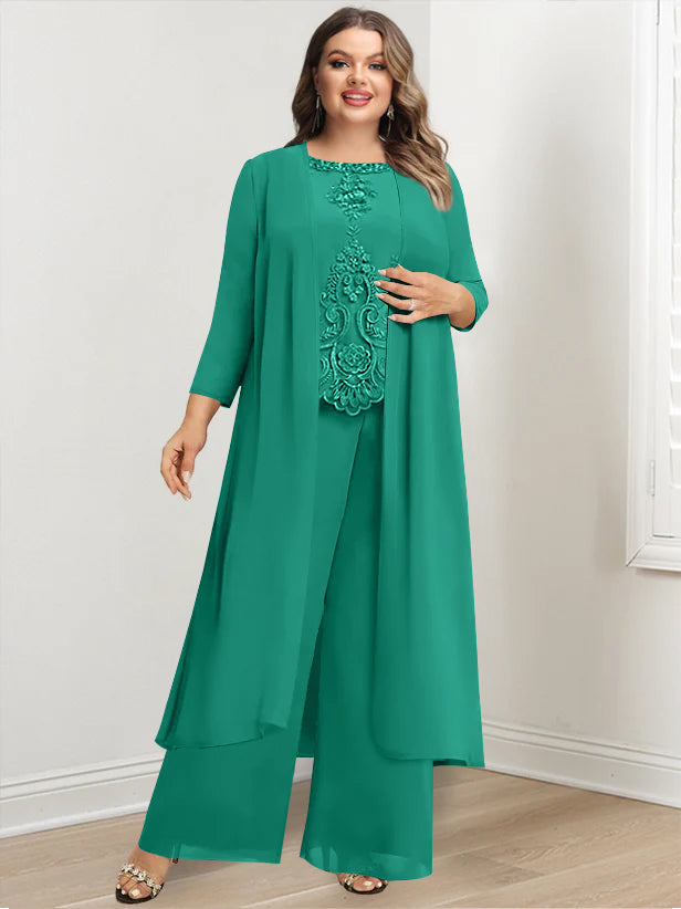 Plus Size Floor-Length Chiffon Pantsuit for the Mother of the Bride with Round Neck and Applique Jacket-BMbridal.UK