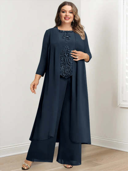 Plus Size Floor-Length Chiffon Pantsuit for the Mother of the Bride with Round Neck and Applique Jacket-BMbridal.UK