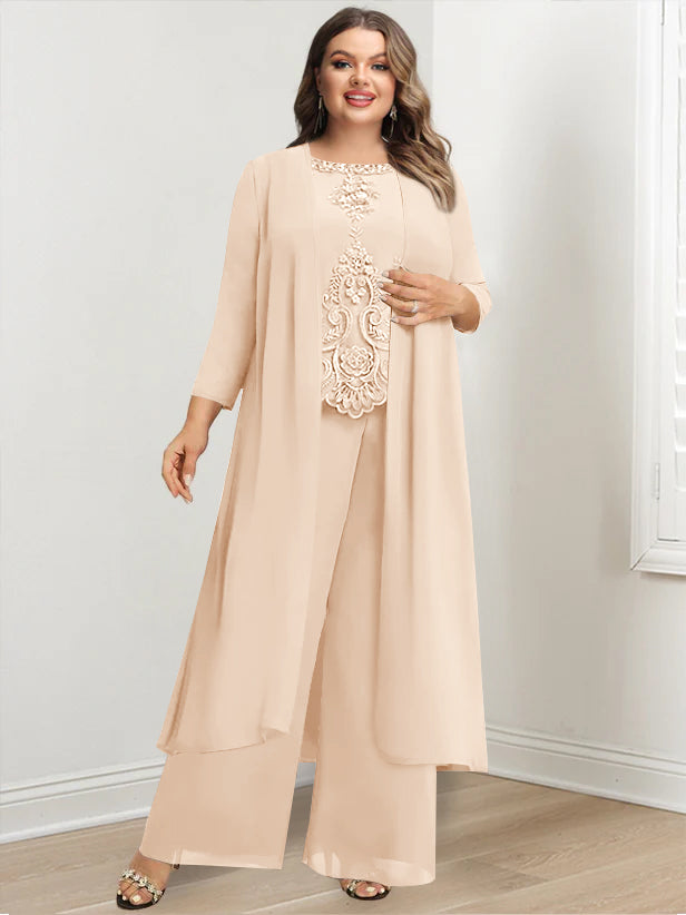 Plus Size Floor-Length Chiffon Pantsuit for the Mother of the Bride with Round Neck and Applique Jacket-BMbridal.UK
