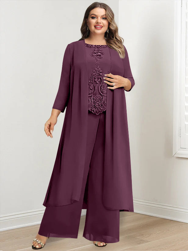 Plus Size Floor-Length Chiffon Pantsuit for the Mother of the Bride with Round Neck and Applique Jacket-BMbridal.UK