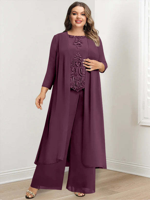Plus Size Floor-Length Chiffon Pantsuit for the Mother of the Bride with Round Neck and Applique Jacket-BMbridal.UK