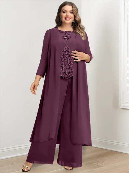 Plus Size Floor-Length Chiffon Pantsuit for the Mother of the Bride with Round Neck and Applique Jacket-BMbridal.UK