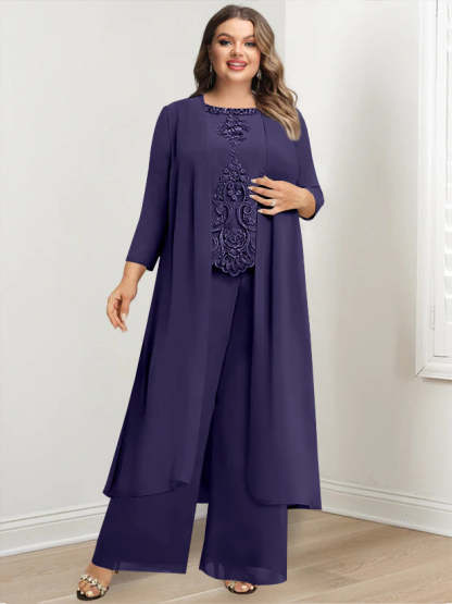 Plus Size Floor-Length Chiffon Pantsuit for the Mother of the Bride with Round Neck and Applique Jacket-BMbridal.UK