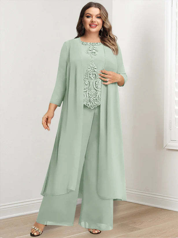 Plus Size Floor-Length Chiffon Pantsuit for the Mother of the Bride with Round Neck and Applique Jacket-BMbridal.UK