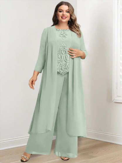 Plus Size Floor-Length Chiffon Pantsuit for the Mother of the Bride with Round Neck and Applique Jacket-BMbridal.UK