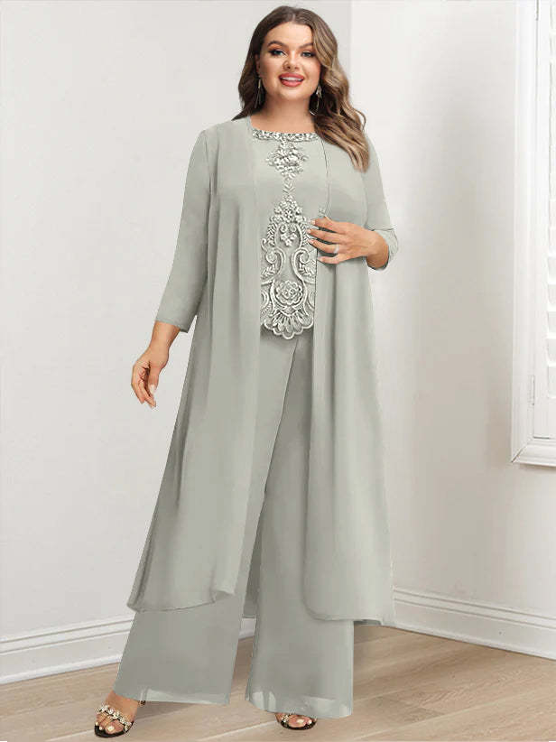 Plus Size Floor-Length Chiffon Pantsuit for the Mother of the Bride with Round Neck and Applique Jacket-BMbridal.UK