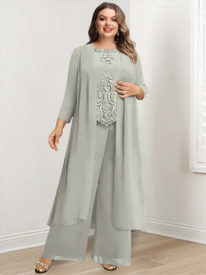 Plus Size Floor-Length Chiffon Pantsuit for the Mother of the Bride with Round Neck and Applique Jacket-BMbridal.UK