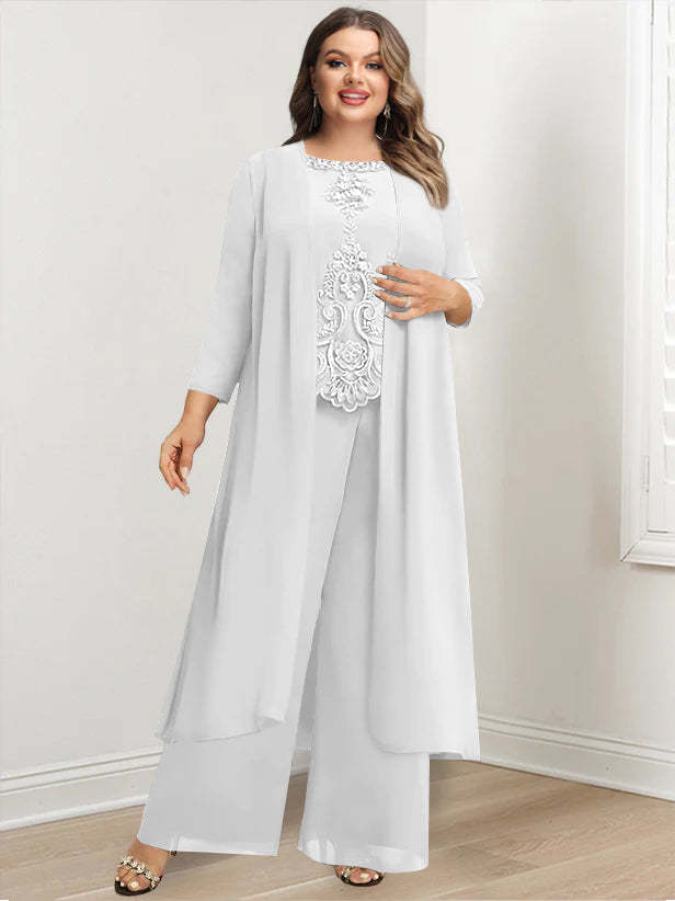 Plus Size Floor-Length Chiffon Pantsuit for the Mother of the Bride with Round Neck and Applique Jacket-BMbridal.UK